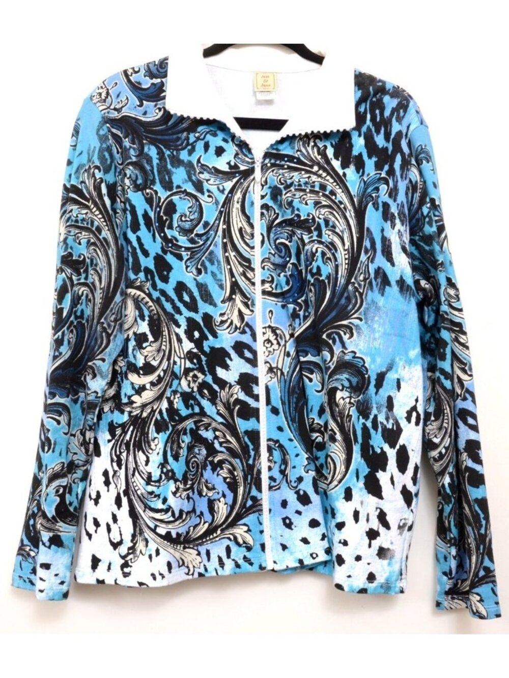 Jess & Jane PLUS 1X Studded Jacket Womens Black Brown Cotton Jeweled Paisley Zip